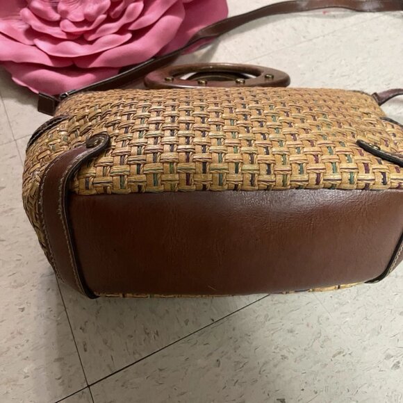 FOSSIL Brown Woven Wicker Handbag w/ Wooden Round‎ Handles Leather Trim Y2K Boho - Picture 7 of 16